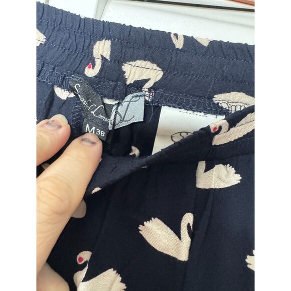 Smashed Lemon Quirky Novelty Swan Print Navy Blue Pull on Pants Size M NWT - Picture 7 of 11